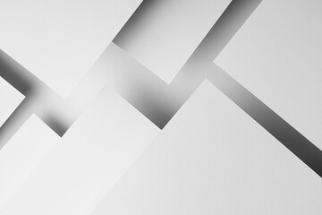 Poster - White abstract geometric background with fly white surfaces as monochrome stylish pattern with triangles, corners, diagonal stripes, lines and shadows in elegant simple modern minimal style.