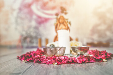 Wall Mural - Beautiful altar with rose petals and goddess breasts. ceremony space.