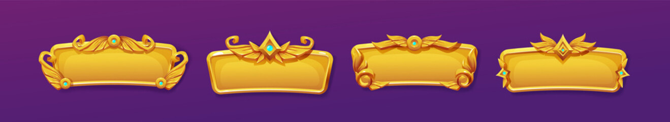 Poster - gold game ui frames, medieval menu elements, buttons or banners with golden ornament. empty royal gu