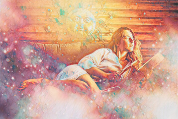 Poster - Beautiful shamanic woman playing on shaman frame drum. Painting effect.