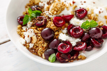 Sticker - Sour cherry granola with cottage cheese and yogurt. Healthy food, diet breakfast