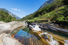 Switzerland, Ticino, Lavertezzo, Verzasca River Flowing Through Valle Verzasca In Summer