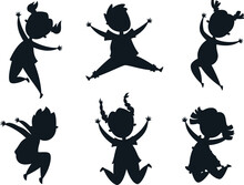 Happy Kids Jumping Laughing Cheerful School Girls Boys Vector Silhouette