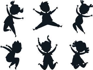 Wall Mural - Happy kids jumping laughing cheerful school girls boys Vector silhouette