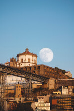 Portugal, Porto District, Vila Nova De Gaia, Full Moon Over Monastery Of Serra Do Pilar At Dusk
