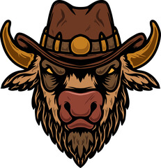 Wall Mural - Illustration of buffalo in cowboy hat. Design element for poster, t shirt, sign. Vector illustration