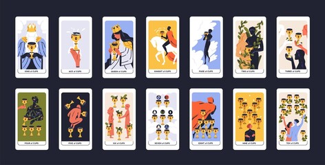 Tarot cards deck design. Minor Arcanas set, suit of cups, goblets pack. Occult esoteric spiritual Taro Ace, King, Queen, Knight, Page, Two through Ten signs. Isolated colored flat vector illustrations