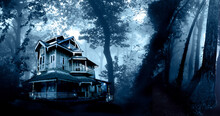 Horizontal Halloween Banner With Haunted House. Old Abandoned House In The Night Forest