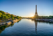 Sunrise Along The Banks Of The Seine River With View Of Eiffel Tower, Paris, France