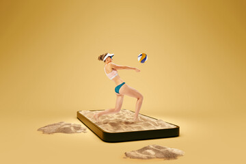 Creative collage. Young female beach volleyball player with ball on sand in 3d phone screen over light brown background. Sport, achievements, media, online