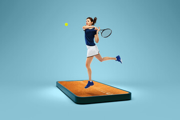 Creative collage. Young woman, tennis player in action, motion on 3d phone screen over blue background. Show, games, online watching sports events