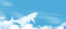 Fluffy Cloud In Whale Shape Flying Up To Sky On Blue Transparent Background,Vector 3D Backdrop Cartoon Cute Nature Sky Decoration For Web Banner Covering, Horizon Banner In Sunny Day Spring Summer