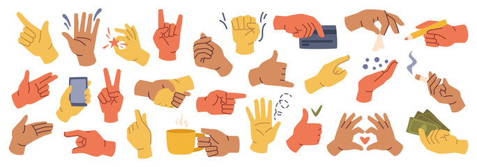 Set of hands gestures in doodle style isolated gesturing human arms. Vector man or woman hands showing peace sign, heart and money, handshake. Fingers with cigarette, pencil and bank card