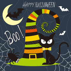 Wall Mural - happy halloween card with witch hat and black cat