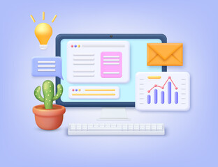 Poster - 3D computer and web work icons. Vector illustration of lamp symbol of new idea, message chat bubble and envelope letter, cactus plant and diagram chart. Workspace elements