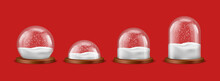Snow Ball, Realistic Christmas Snow Globes Set On Red Background. 3D Blank Shiny Souvenir With White Snowflakes. Glass Sphere, Decorative Round Xmas Toy, Transparent Glass Dome