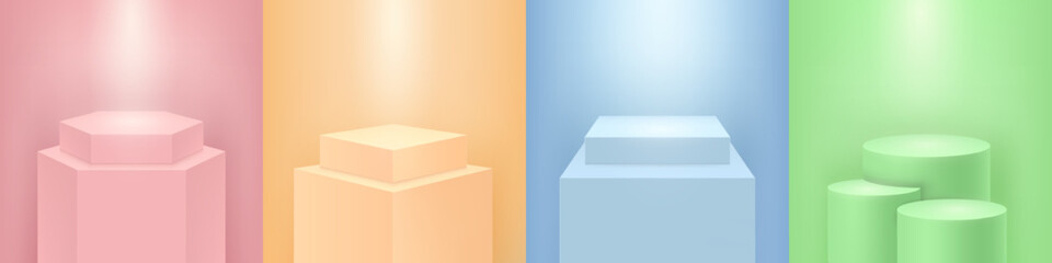Aufkleber - Realistic 3D podiums set, isolated steps pedestals of bright colors. Vector illustration promotion display scenes for products showcase. Abstract studio platforms of circle and rectangle shape