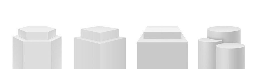 Aufkleber - White realistic 3D podiums set, isolated steps pedestal. Vector illustration promotion display podium, minimal scene for products showcase. Abstract studio platforms of different shape