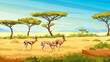 African savannah landscape with wild roe young deers, nature of Africa, cartoon background. Vector green trees, rocks and plain grassland field under blue clear sky. Kenya panoramic view
