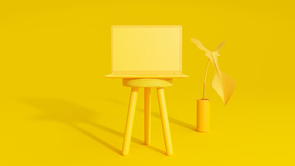 Wall Mural - Yellow laptop on chair and leaves in vase on the side. Space on the side for text entry. Minimal idea concept, 3D Render.