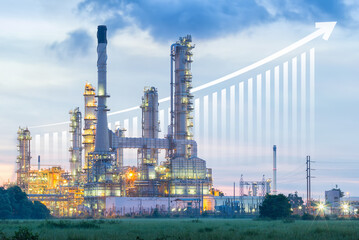 Oil gas refinery or petrochemical plant. Include arrow, graph or bar chart. Increase trend or growth of production, market price, demand, supply. Concept of business, industry, fuel, power energy.
