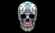Mexican Skull Design With Colorful Ornamentation. Day Of The Dead. Skeleton Costume With Ornamentation. 3d Illustration.