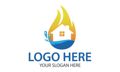 Fire Blue Water Drop Negative Space House Building Logo Design Concept