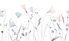Watercolor Illustration With Wildflowers And Herbs. Panoramic Horizontal Isolated Illustration. Summer Meadow. Illustration For Card, Border, Banner Or Your Other Design.