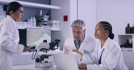 Poster - Team of scientists working on laptop in a medical research lab while creating a chemical formula for a vaccine. Diverse researchers brainstorming and discussing solutions to create and discover cure