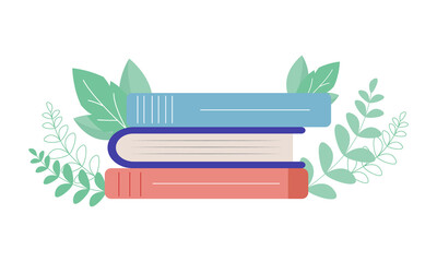 Poster - Books and plant branches semi flat color vector object. Home decor. Reading. Full sized item on white. Floral ornament simple cartoon style illustration for web graphic design and animation