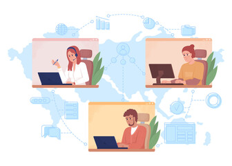 Poster - colleagues cooperation 2d vector isolated illustration. video call. remote workers collaboration fla
