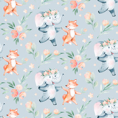  Watercolor seamless pattern with dancing elephant and fox forest animals on white background. Childish animal illustration. Happy birthday, celebration concept.