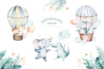 Cute baby air balloon birthday party nursery watercolor dancing fox, elephant and bunny, crocodile, giraffe nad bear rabbit animal isolated illustration for children baby shower. Tropical 