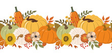Cute Autumn Color Pumpkins, Flowers, Berries, And Leaves Horizontal Seamless Pattern. Isolated On White Background. Seasonal Fall Banner Design For Greeting Or Promotion.