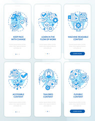 Content design blue onboarding mobile app screen set. E business walkthrough 3 steps editable graphic instructions with linear concepts. UI, UX, GUI template. Myriad Pro-Bold, Regular fonts used