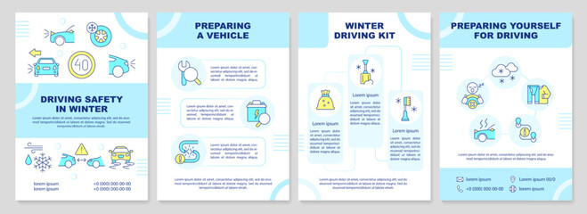 Wintertime driving safety rules brochure template. Leaflet design with linear icons. Editable 4 vector layouts for presentation, annual reports. Arial-Black, Myriad Pro-Regular fonts used