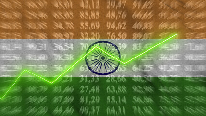 India financial growth, Economic growth, Up arrow in the chart against the background flag