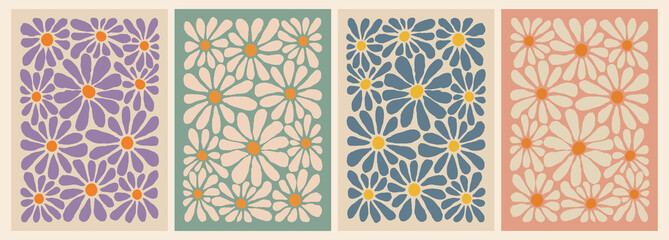 Aufkleber - Abstract Posters Set with Daisy Flower. Aesthetic Modern Art Illustration. Vector Retro Groovy Pattern. Retro Floral Posters