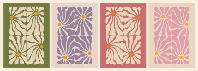 Aufkleber - Colorful Posters Set with Daisy Flower. Aesthetic Modern Art Illustration. Vector Retro Groovy Pattern. Abstract Floral Posters