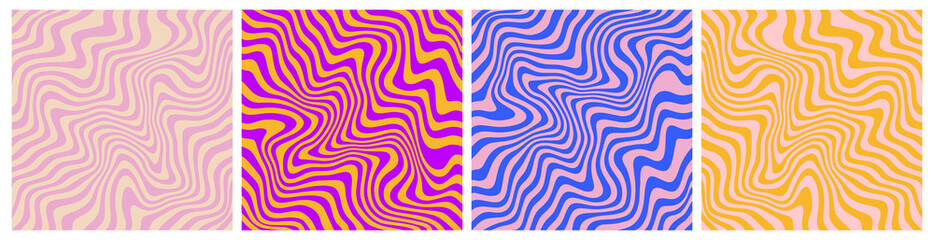 Fototapete - Vector Set of Wavy Seamless Trippy Patterns in Psychedelic Colors. Abstract Swirl Backgrounds. 1970 Aesthetic Textures with Flowing Waves