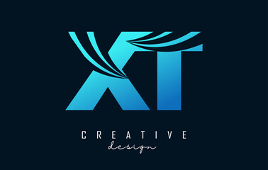 Creative blue letters XT x t logo with leading lines and road concept design. Letters with geometric design.