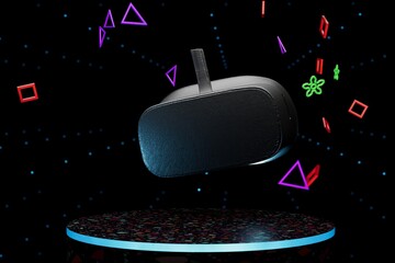 Poster - virtual reality. a podium for placing products or text on a black background illuminated with blue neon light, above which virtual reality glasses and multi-colored geometric shapes fly. 3d render.