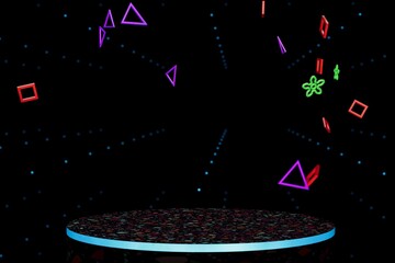 Poster - abstract background.virtual reality.a podium for placing products or text on a black background illuminated with blue neon light around which multi-colored geometric shapes fly. 3d render illustration