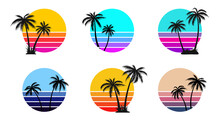 Retro Sunset Set With Black Palm Tree Silhouettes Isolated On White Background. Vector EPS 10