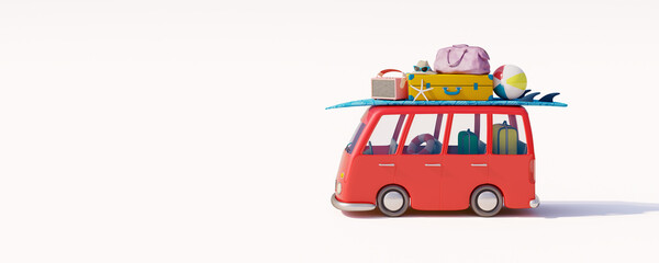 Wall Mural - Bus with luggage and beach accessories ready for summer vacation. Creative summer travel concept on white background 3D Render 3D illustration