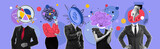 Modern design, contemporary art collage. Inspiration, idea, trendy urban magazine style. Men women in business style outfits with different objects instead head. Flyer