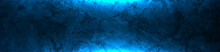 Grunge Blue Texture With Blue Neon Illumination Abstract Banner. Vector Retro Background