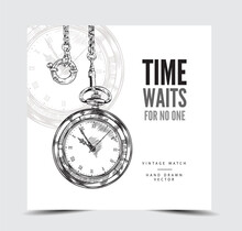 Banner Or Card With Hand Drawn Pocket Watch On Chain Sketch Style
