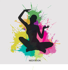 Wall Mural - Meditating girl on a background of watercolor spots.
