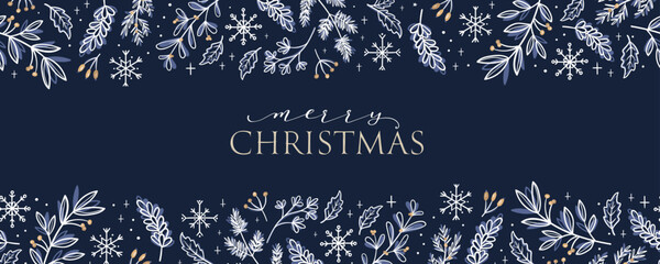 lovely hand drawn horizontal seamless borders with winter branches, christmas design, great for deco
